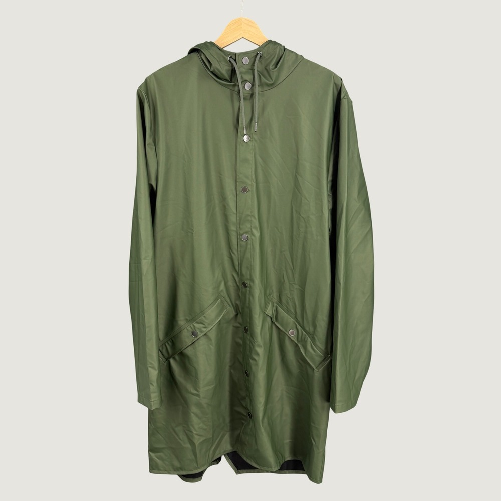 RAINS Long Jacket Evergreen Unisex Mens Size Large Womens XL Hooded Raincoat New